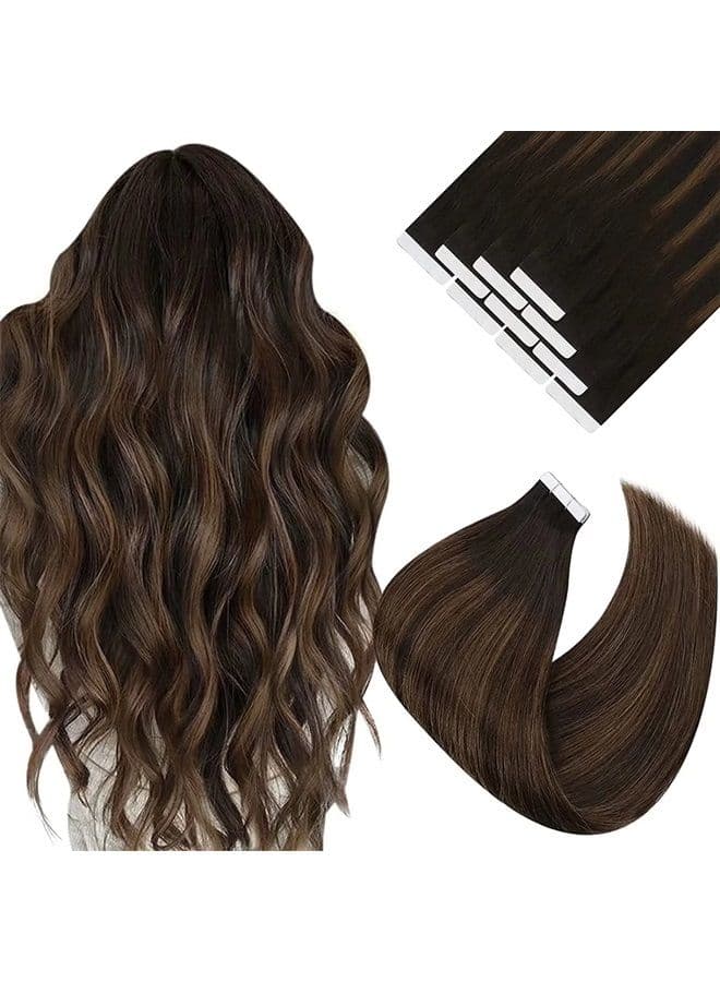 Tape in Hair Extensions Human Hair Brown Balayage VeSunny Tape Hair Extensions Remy Balayage Darkest Brown Ombre Light Brown Human Hair Tape ins Extensions Brown Long Hair 10pcs 25g 24inch