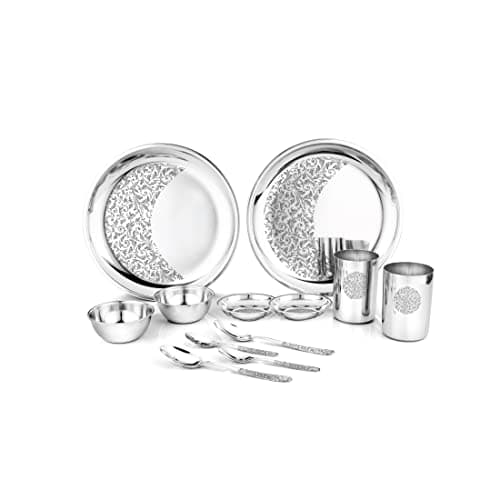 Shri & Sam Designer Stainless Steel Delight Laser Bloom Dinner Set, 12 Pieces