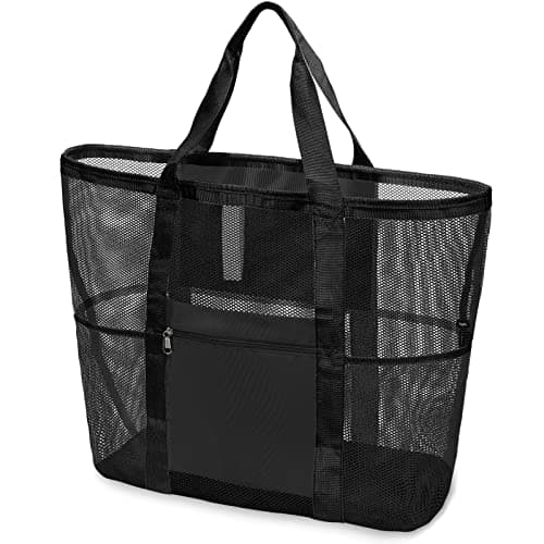 F-color Foldable XL Mesh Beach Bag, 9-Pockets Lightweight Beach Bag for Women with Bottom Waterproof-Sandproof for Pool Travel Grocery Black
