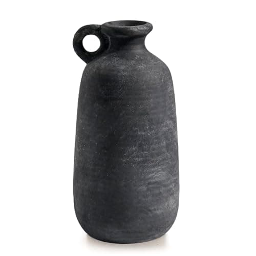 Sunddo Rustic Farmhouse Vase with Handle, 10 inch Black Ceramic Flower Vase, Terracotta Clay Stone Pottery, Black Kitchen Decor, Entryway Shelf Living Room Table Decor