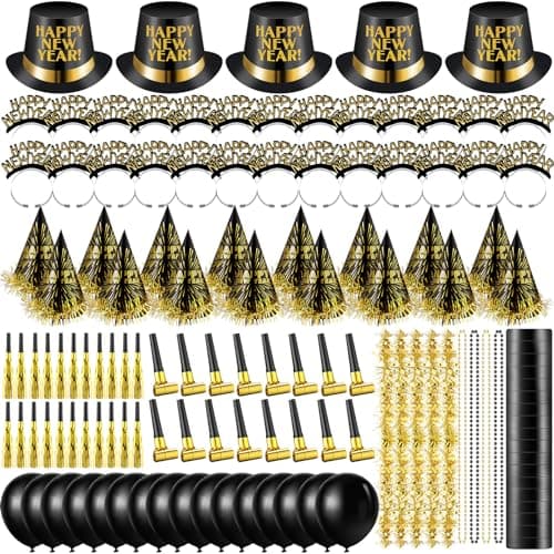 404 Pcs New Years Eve Party Supplies 2026 Gold Black Party Favors Hats Tiaras Horns Noise Makers Fringe Squawkers Necklaces Streamers Whistles Balloons Decorations for Countdown Celebration