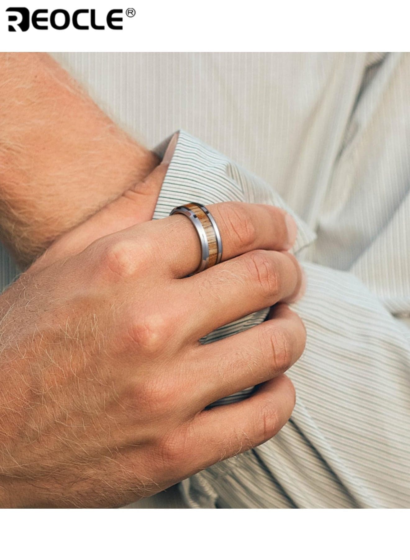 Men's Band Ring Metallic & Wood-Inlay Ring Dual-Material Contrast Silhouette for Rustic-Modern Versatile Styling