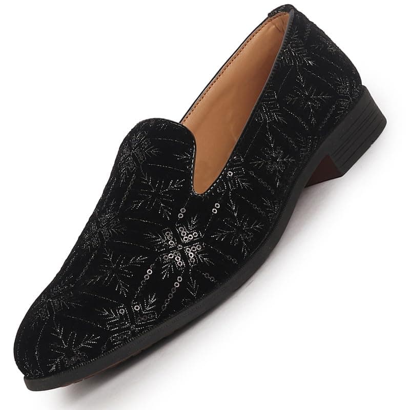 FAUSTO FST FOSME-2165 BLACK-47 Men Black Ethnic Velvet Sequin Embroidered Slip On Juttis and Mojaris for Wedding|Party Slip-On|Traditional Kurtas Shoes|Prom Slip On Shoes (13 UK)