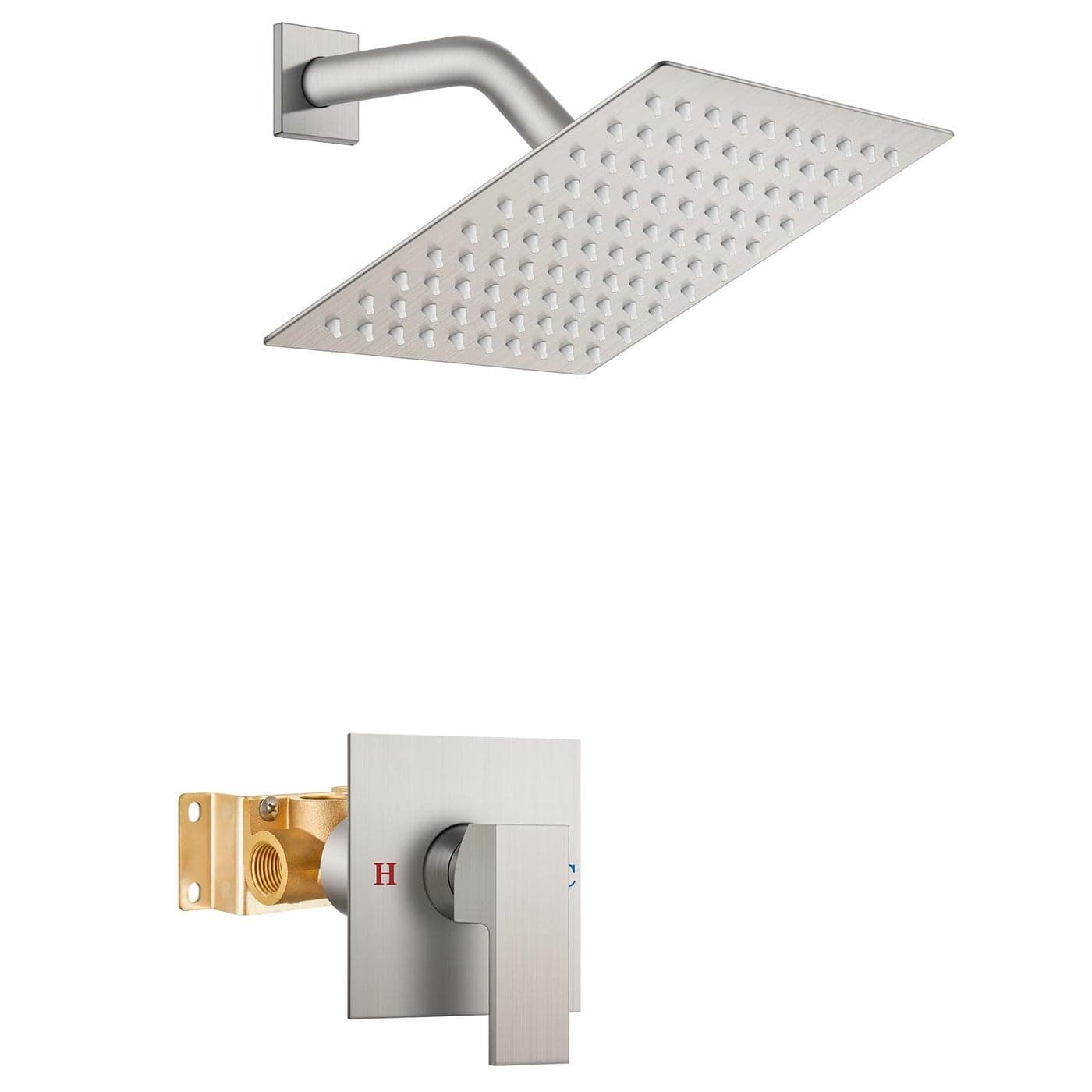Airuida Shower Faucet Set Bathroom Rain Shower System 8 Inch Square Showerhead Single Function 1 Handle Trim Kit with Female Thread Roughin Valve Cover Plate with H and C Labels Brushed Nickel
