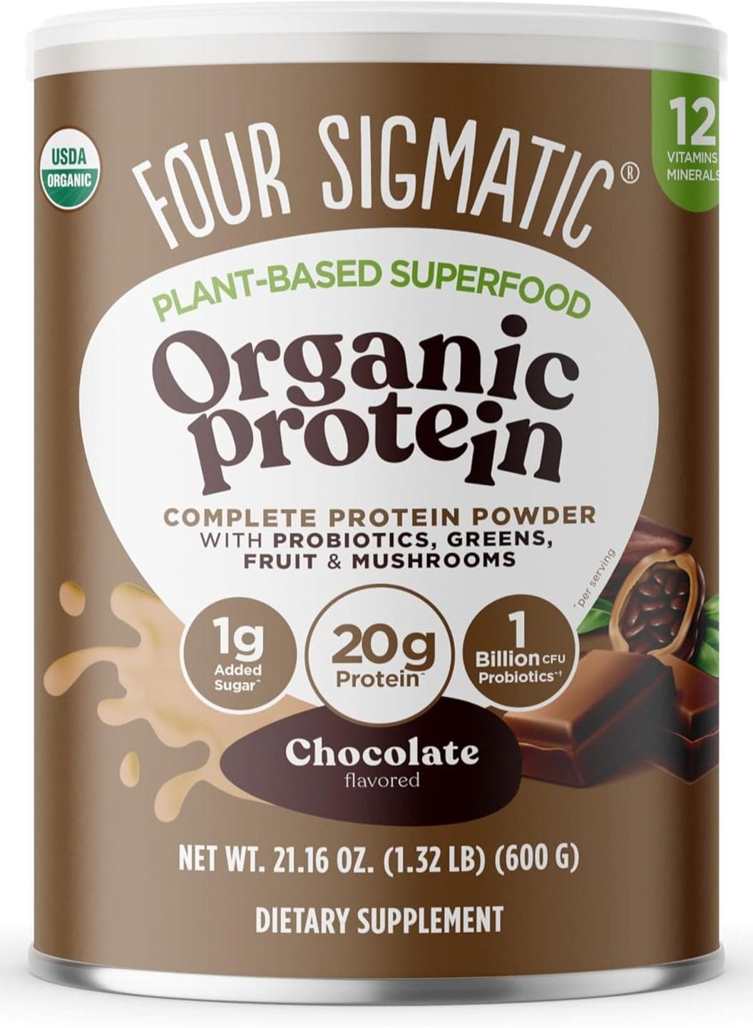 Plant-Based Organic Protein with Mushrooms & Adaptogens, Creamy Cacao, 1.32 Lbs packaging may vary