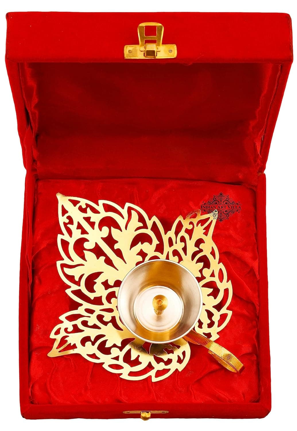 INDIAN ART VILLA Silver Gold Plated Leaf Design Akhand Diya for Puja Oil Lamp for Home Temple Pooja Decor Gifts Elegant and Durable Diya for Pooja