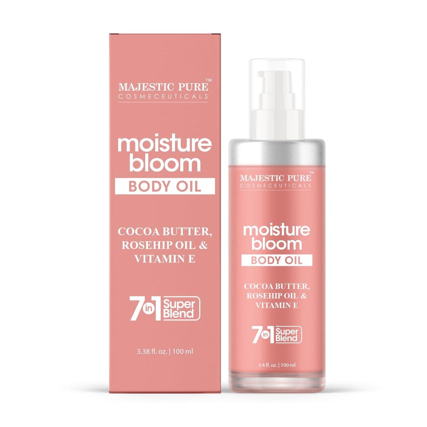 Majestic Pure Cocoa Butter Moisturizing Bloom Body Oil with Vitamin E 100 Pure Natural Radiant Looking Glow and Skin Hydration Instant Absorption Bath Body and Shower Roseship Oil 34 Fl Oz
