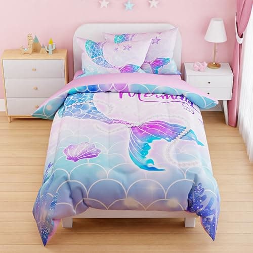 Mermaid Duvet Cover Sets Twin Size for Kids Girls, Include 1 Polyester Comforter Cover 68x86 Inches and 1 Pillowcase 20x26 Inches, Comforter Not Included, Gift for Christmas Birthday