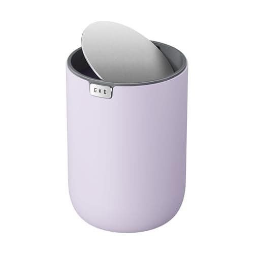 EKO Mini Desk Trash Can with Swing-Top Lid 0.4 Gallon Small Table Round Wastebasket for Office, Home, Car (Lavender)