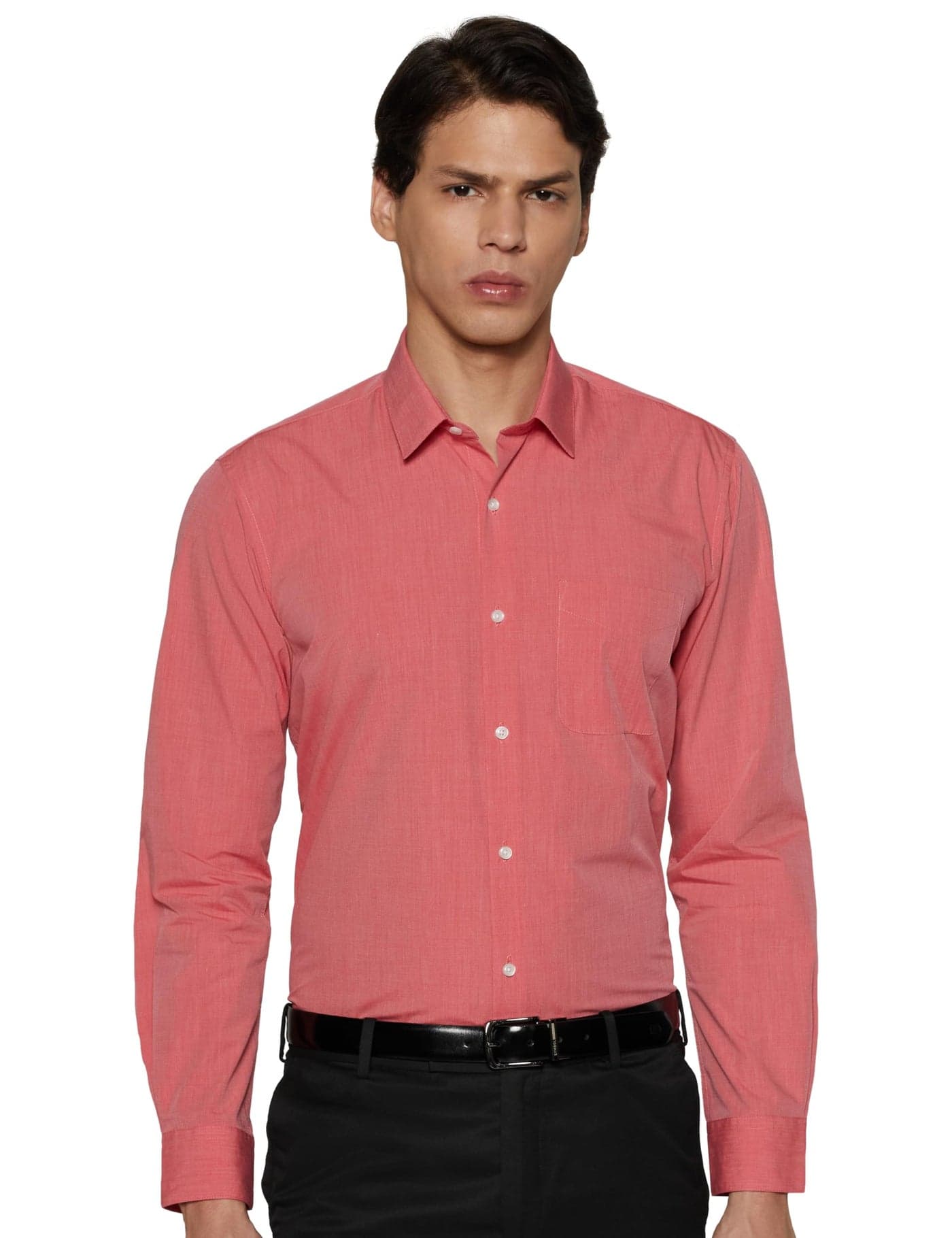 Peter England Men's Everday Regular Fit Solid Shirt | Cotton Rich | 5-Pin Pocketing, Red