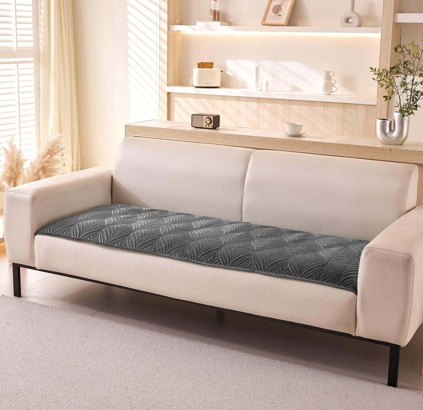 House of Quirk Velvet Plush Sofa Cover Palm Leaves Quilted Sofa Cover 1/2/3/4 Seater Mat Anti-Slip Stretch Seat Pad Sofa Slipcover for Furniture Protector (One Seater, Grey, 70x90cm)