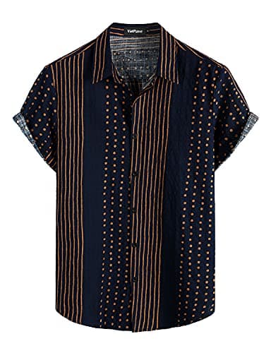 VATPAVE Mens Casual Short Sleeve Button Down Shirts Regular Fit Hawaiian Summer Shirt Medium Navy Stripe