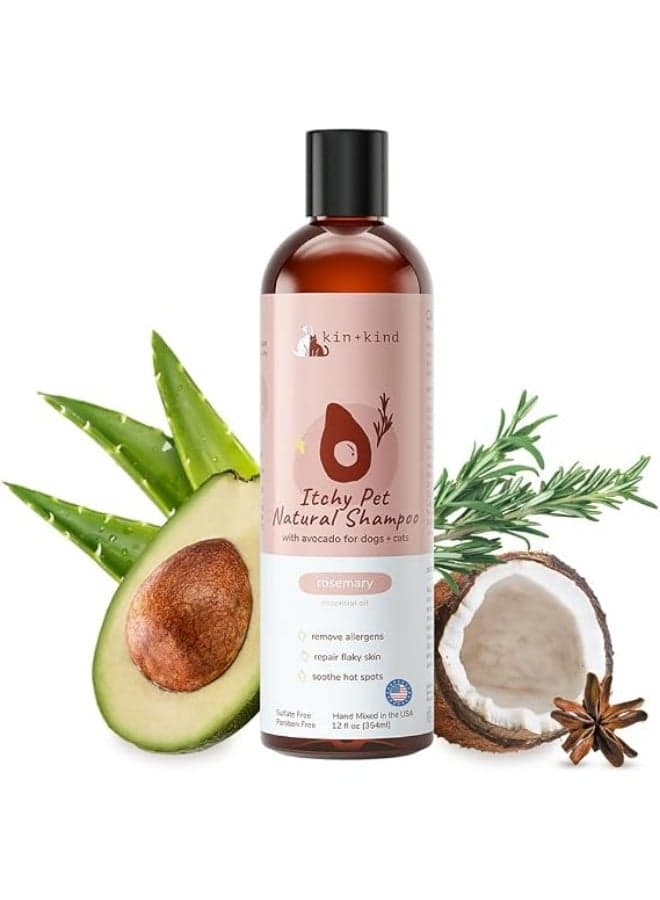 kin+kind Anti-Itch Dog & Cat Shampoo for Itchy Skin and Allergies - Safe, Natural Formula with Olive, Coconut, and Avocado Oil - Made in The USA - Great for Dog Grooming and Cat Supplies (12 fl oz)