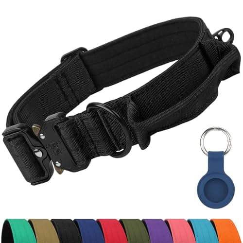 Joytale Tactical Dog Collar for Large Dogs with Control Handle, Heavy Duty Military Training Collar for Power Breeds, AirTag Holder Case, Quick Release Metal Buckle, Soft Padded, L, Black