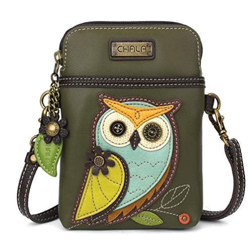 CHALA Bird Collection Cell Phone Crossbody Purse-Women PU Leather/Canvas Multicolor Handbag with Adjustable Strap - Owl A - olive