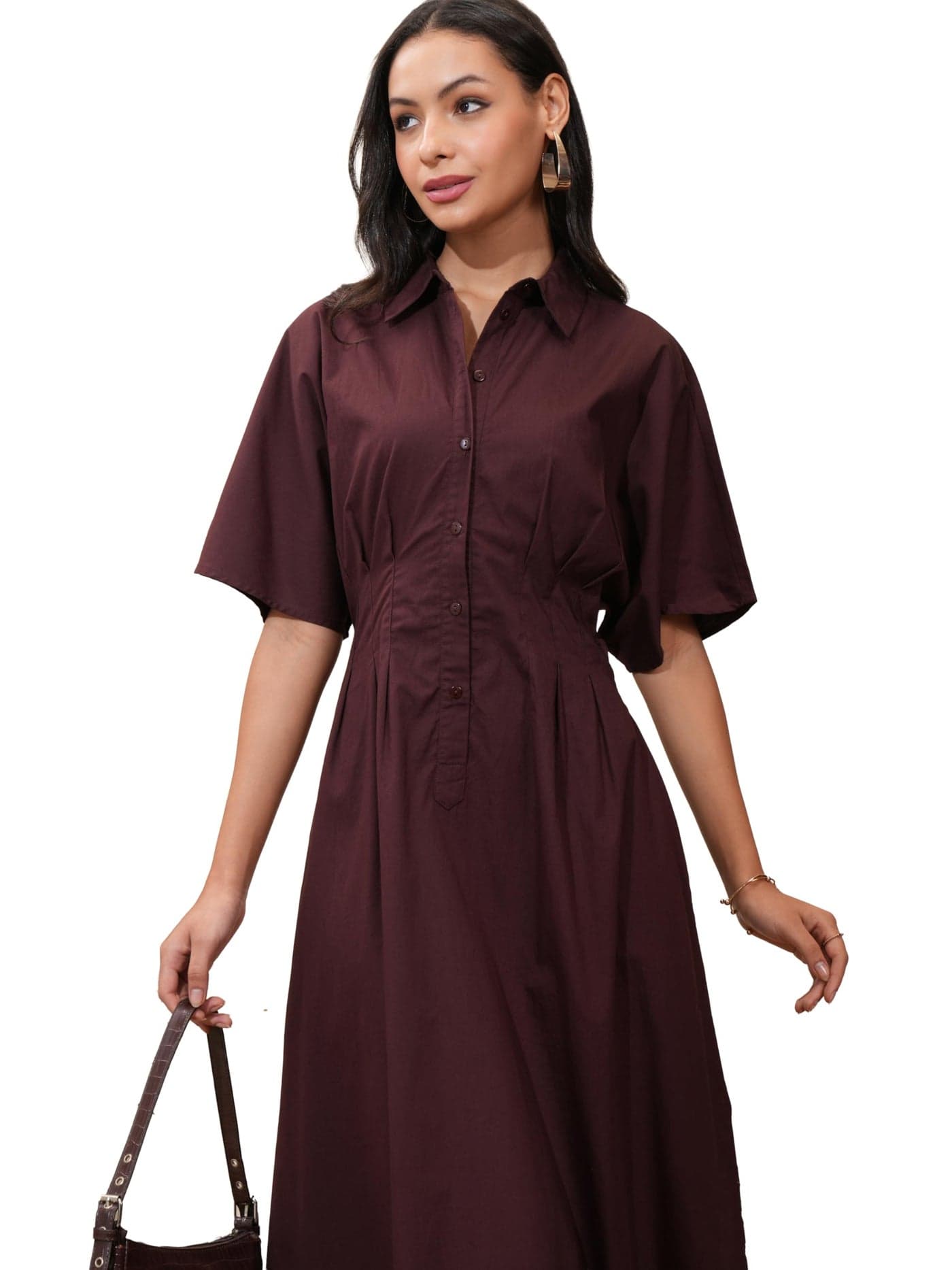 Tokyo Talkies Women Solid Front Pleated Extended Sleeve Fit and Flare Maxi Dress