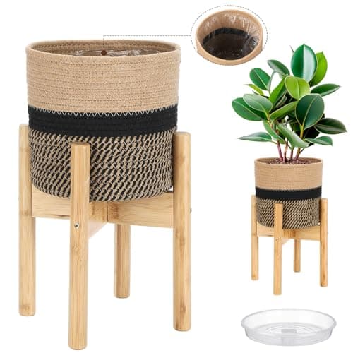 Sunnychicc Plant Basket with Stand Indoor Planter Pot Holder Sturdy Jute Rope Modern Woven Basket Cotton Rope Woven Pot with Bamboo Stand787 InchBlack and Beige Stripes