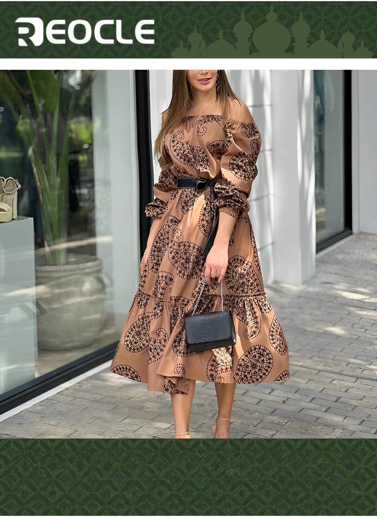 Both-shoulder Dress with Wide Hem Long Sleeves Mid-length Printed Dress Waist Design Long Sleeve Design Fashionable Print