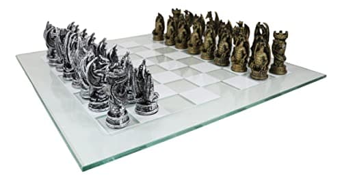 Ebros Gift Silver and Gold Painted Magic Fantasy Dungeons and Dragons Felted Base Resin Chess Pieces with 15 by 15 Checkered Frosted and Transparent Glass Board Set Gaming Board Game Collection