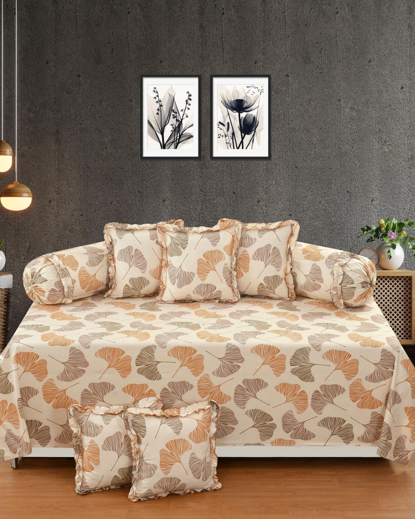 Sands® 180 TC Pure Cotton Floral Designer Frill Diwan Set of 8 Pieces for Living Room Dining Hall (1Single Bedsheet, 5 Frill Cushion Covers, 2 Frill Bolster - Set of 8)