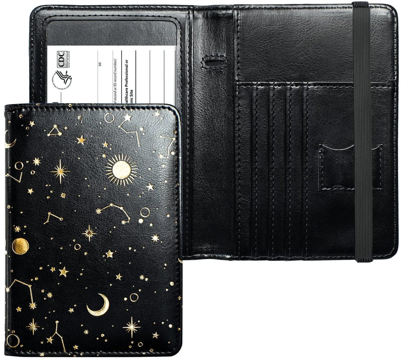Mymazn Passport Holder with Clear Pocket Passport Case Passport Cover Women Passport Case with RFID Blocking and Vaccine Card Holder Travel Wallet (Black/Gold, Minimalist)