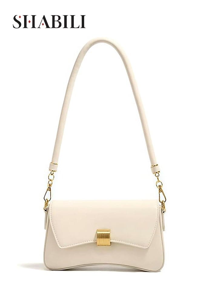 PU Shoulder Bag Ladies Bag Underarm Purse for Girls and Lady, mini crossbody handbag, elegant design, strap and metal lock, lightweight compact with interior pocket, for Outdoor Party Dinner, White