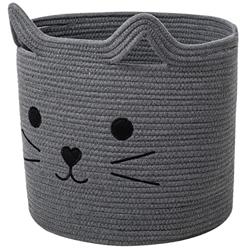 VK VK·LIVING Large Basket for Organizing Cute Animal Storage Baskets Cat Toy Storage Woven Cotton Rope Hamper Organizer for Laundry, Towels, Blanket, Toys, Clothes, Gifts, Pet Bed 15''x14''