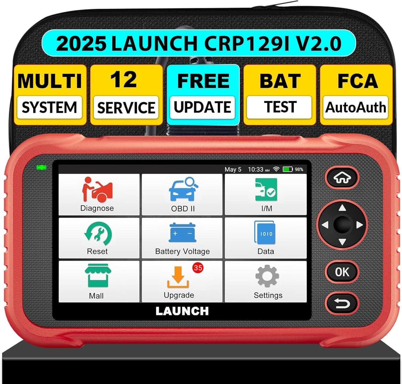 LAUNCH CRP129I V2.0 OBD2 Scanner, 2025 Lifetime Free Update Scan Tool with 12 Reset, ABS Bleeding/TPMS/Oil/EPB/SAS/BMS/Adblue/Headlamp/Throttle Reset, Injector Coding, Auto VIN, Battery Test