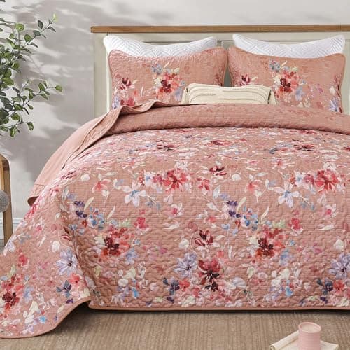 Dobuyly Pink Floral Quilt Set Queen Size, Botanical Flowers Bedspreads Coverlet Set, 3 Pieces Soft Lightweight Microfiber Quilt Bedding Set for All Seasons 96"x90"