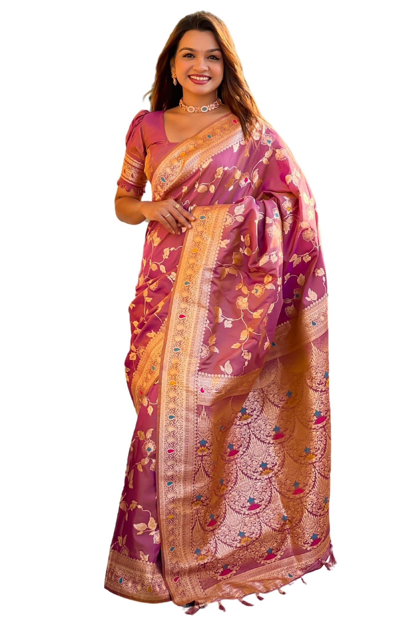 SGF11 Women's Kanjivaram Pure Soft Silk Handloom Saree Pure Golden Zari With Blouse Piece (Purple)