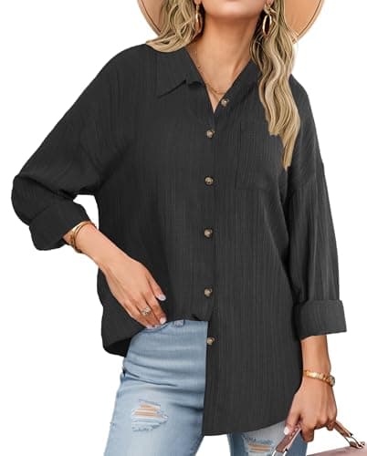 Linen Shirts for Women Button Down Shirt Casual Long Sleeve Loose Fit Textured Collared Blouses Tops 2025 Trendy Black