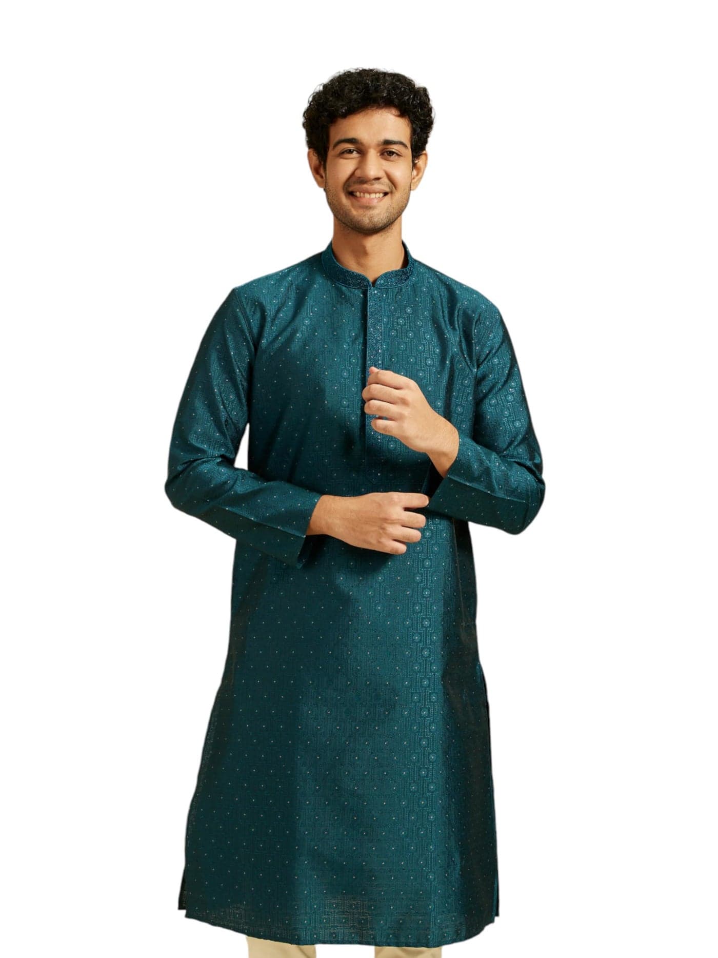 DIWAS BY MANYAVAR Men's Art Silk Thread Work Kurta (Teal Blue,XXL)