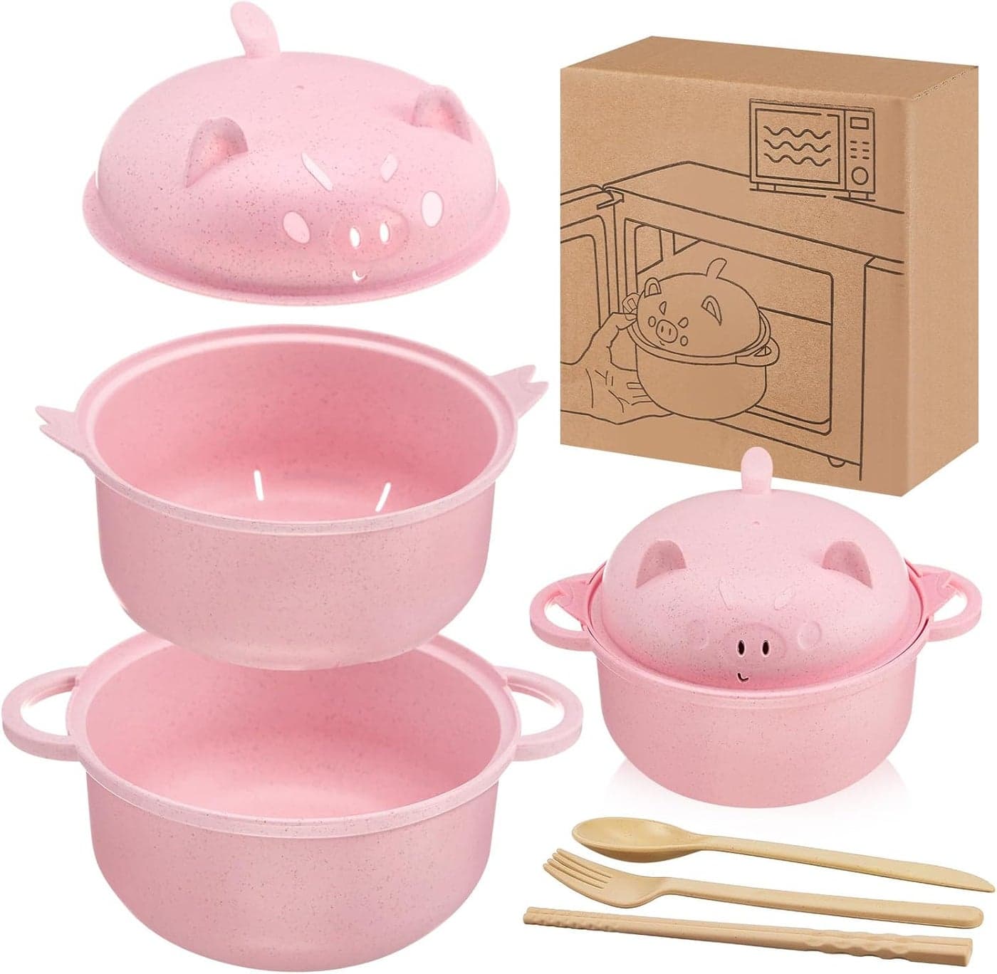 Large 45oz Ramen Noodle Bowl Microwavable Cute Pig Ramen Cooker Wheat Straw Microwave Bowl with Strainer Lid Handle Spoon Chopsticks Fork Gift for Home Dorm College OfficePink