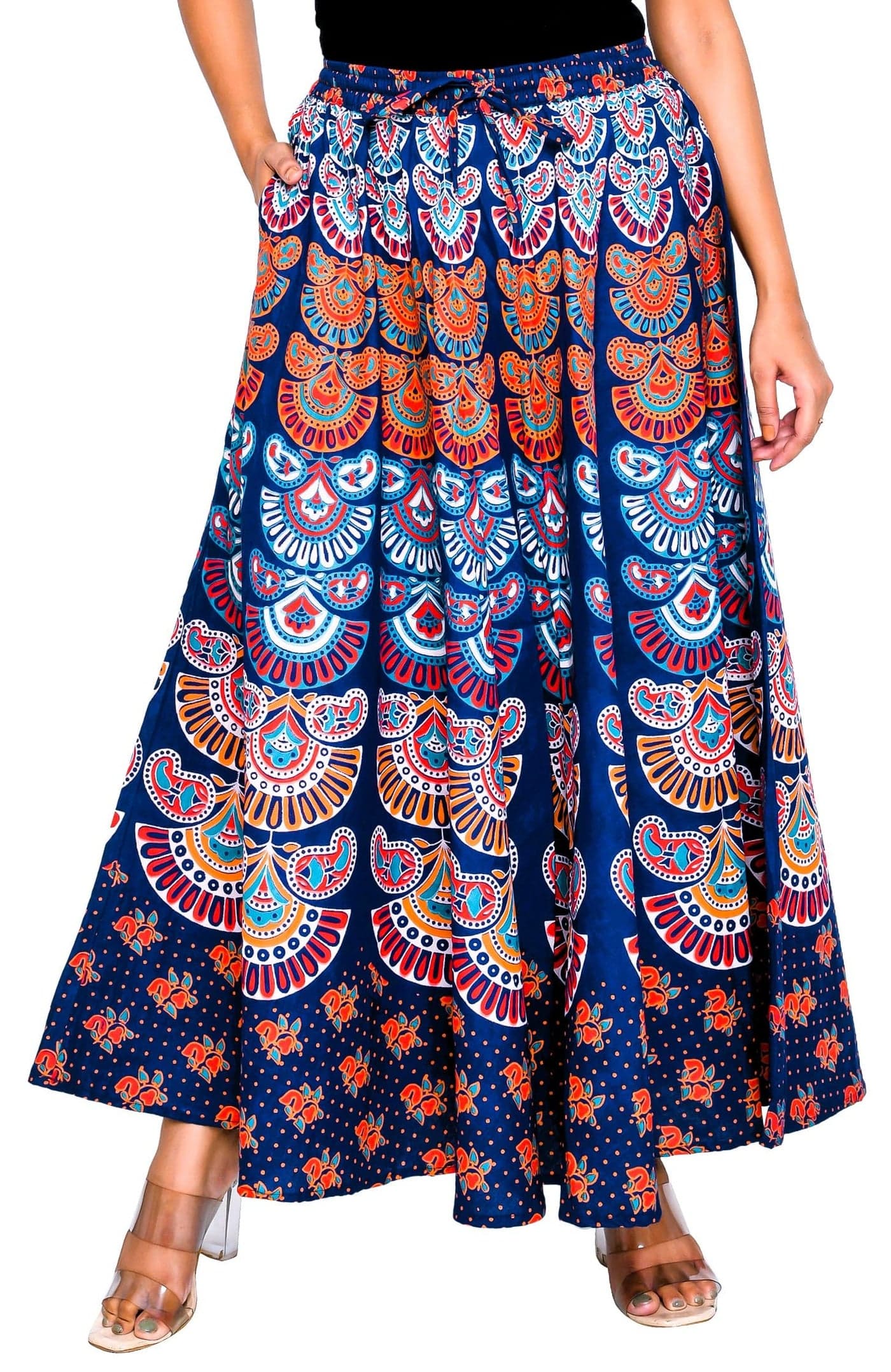 SAMJHI Premium Cotton Skirt for Women with Pocket (Dark Blue 1, Free Size)