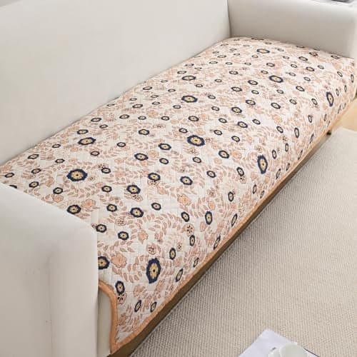 HOKIPO 'HomeHues Series' Printed Quilted Sofa Cover Mats for L Shape and 1/2/3 Seater Sofa. Make Your Own Sofa Cover Set, Mat Length 90(D) x 180(L) cm, Light Peach Candytuft (IN-810-D6)