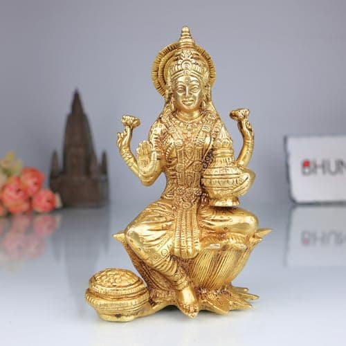 Bhunes Brass Goddess Laxmi Idol, Lakshmi Statue Sitting On Lotus, Maha Laxmi Ji Ki Murti for Home Puja Decor Silai,Gold, 6 Inch, 1 Piece