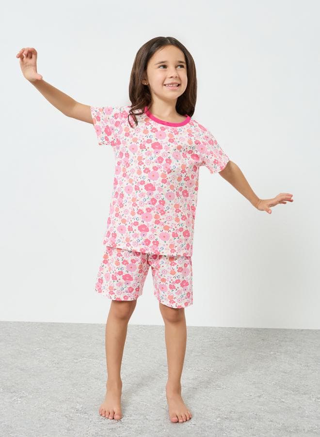 Girls Floral Print T-Shirt and Shorts Set