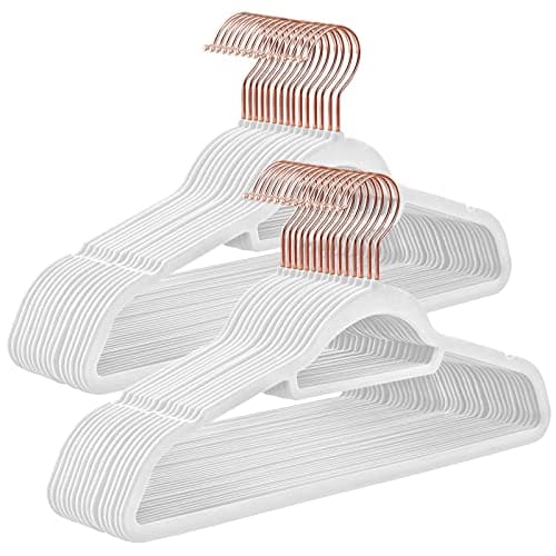 SONGMICS Velvet Hangers, Set of 30 Clothes Hanger with Rose Gold Swivel Hook, Non-Slip, and Space-Saving, 0.2-Inch Thick, 17.1-Inch Long for Coat, Shirt, Dress, Pants, Tie, Cloud White UCRF021W01