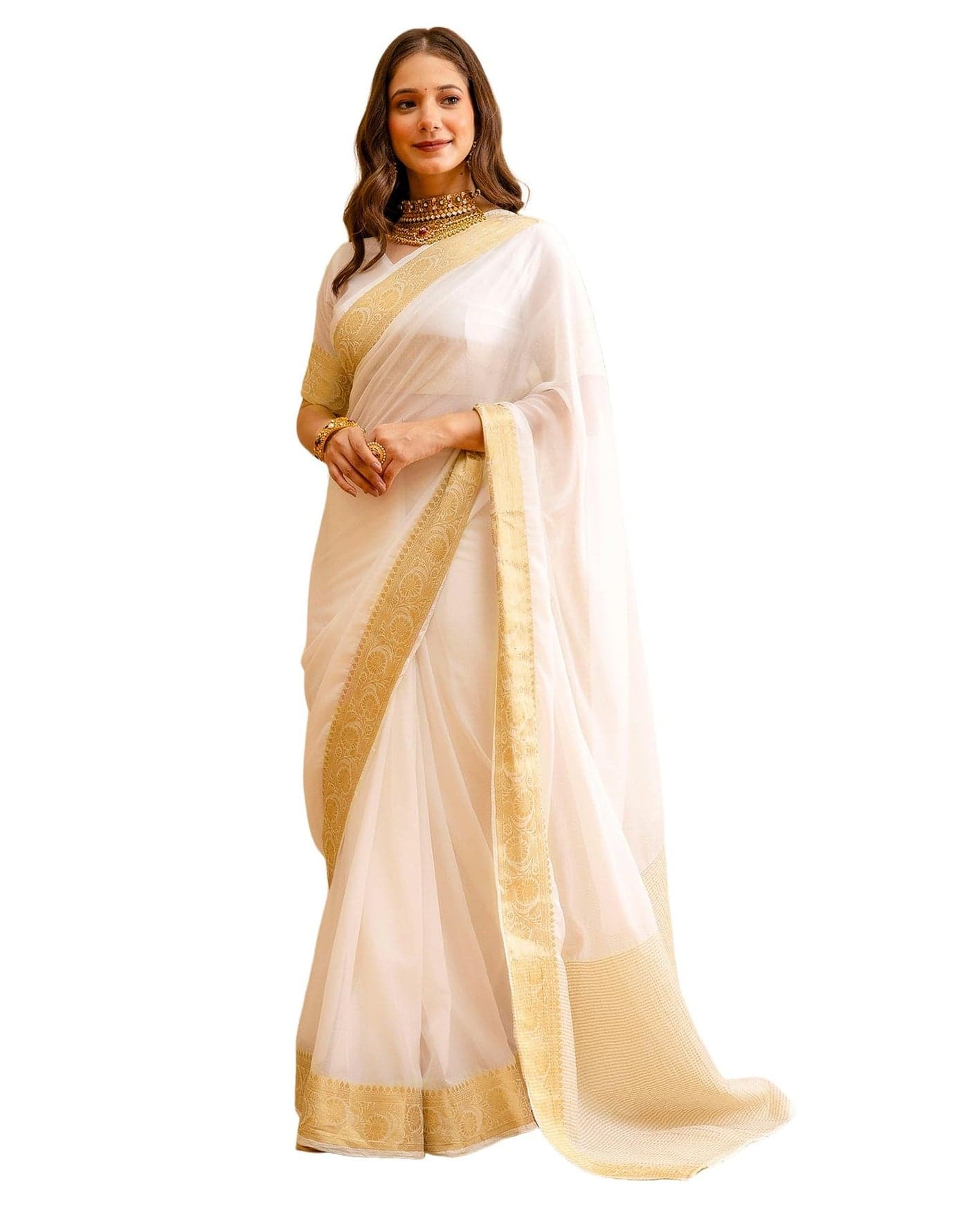 SIRIL Women's Pongal Special Weaving Onam Saree with Unstitched blouse Piece(4668S821_off-White)