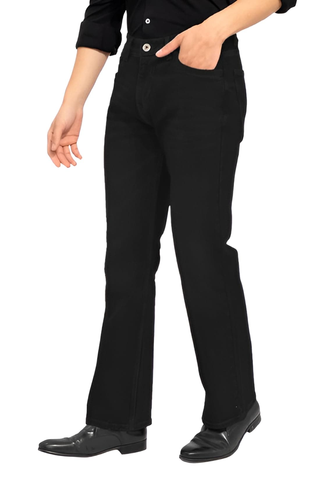 Waltz Men High Rise High Waist Stretchable Boot Cut Wide Leg Flared Casual Black Denim Cotton Bell Bottom Jeans Pants, 32