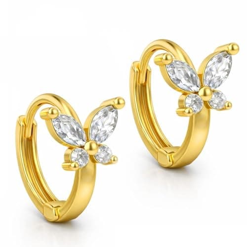 VAMA FASHIONS 18K Gold Plated Butterfly Design CZ Stud Earrings Small Elegant Anti Tarnish Ear Hoops Trendy Minimal Lightweight Earrings for Women & Girls