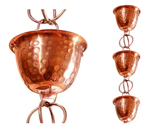 Monarch Rain Chains Pure Copper Hammered Cup Rain Chain, 8.5 ft Decorative Rain Catcher Chain for Gutters, Large Rain Chains for Outside, Rain Gutter Replacement Downspout