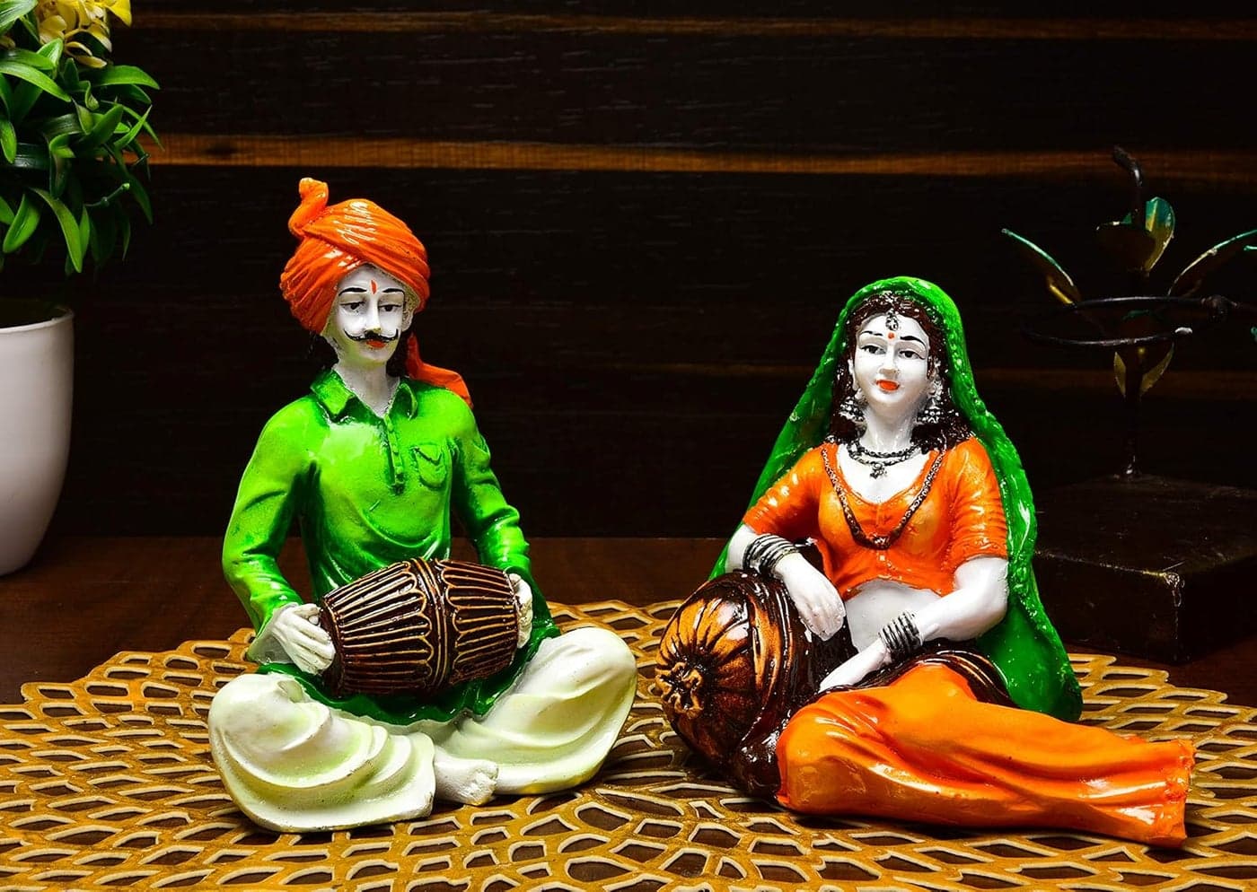 Karigaari India Handcrafted Traditions of Rajasthani Lady in Resting Posture and Man Playing Dholak Polyresine Showpiece for Home Decor