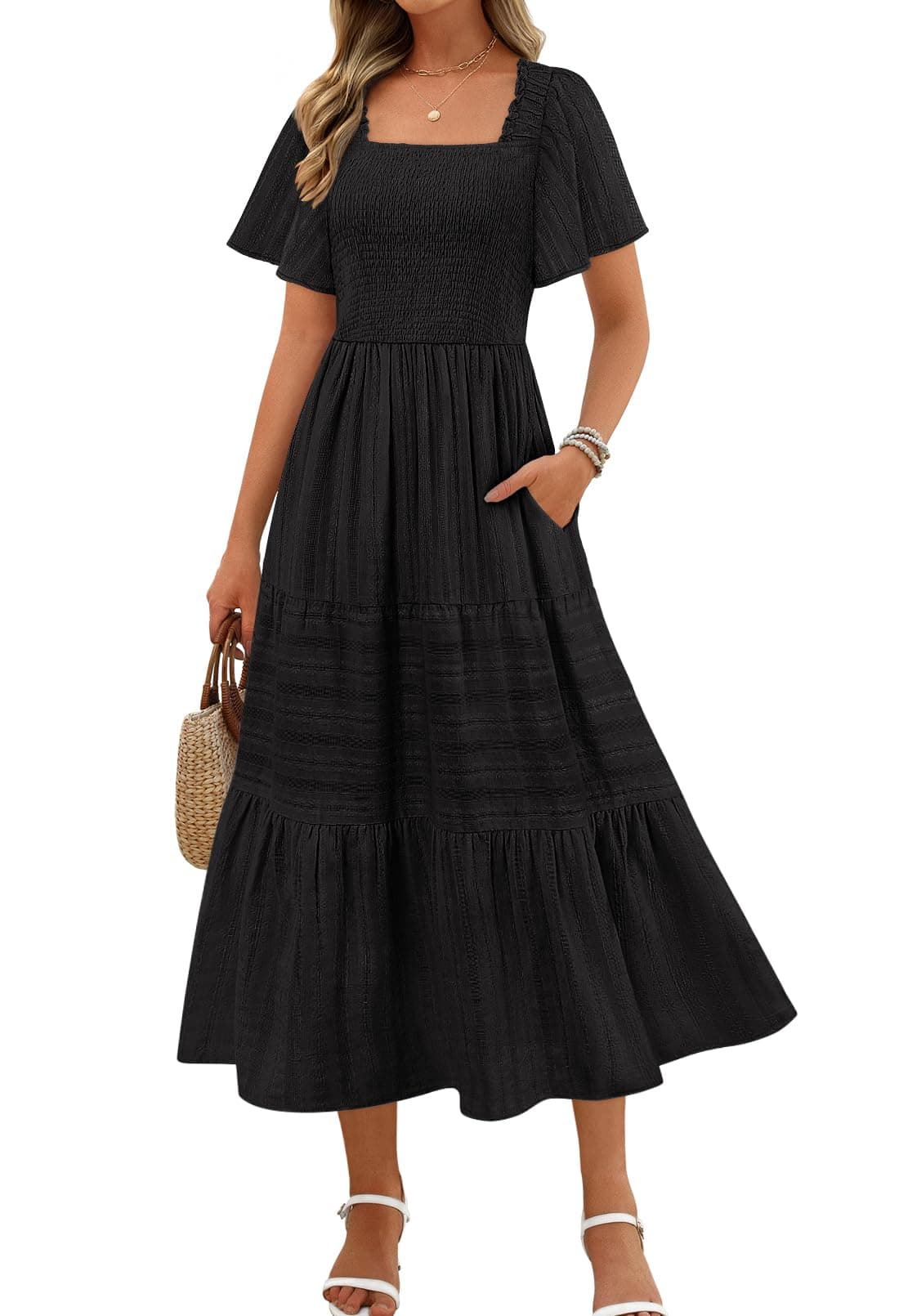 MEROKEETY Womens 2025 Summer Flowy Midi Maxi Dress Short Sleeve Square Neck Smocked Tiered Ruffle Boho Dresses with Pockets Black XLarge
