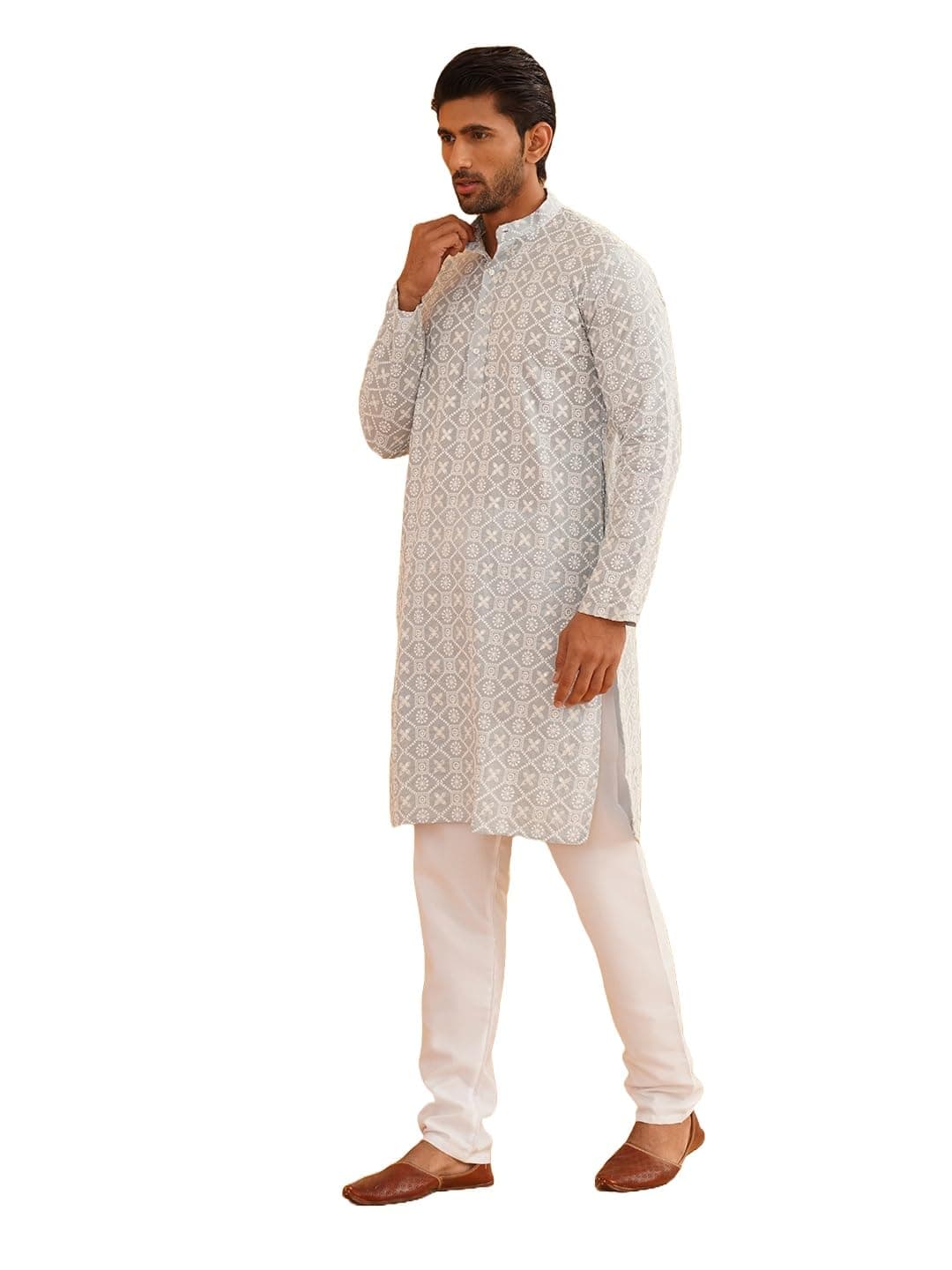 SOJANYA (Since 1958 Men's Cotton Gold Sequence Embroidered Grey Kurta with White Churidaar Pyjama