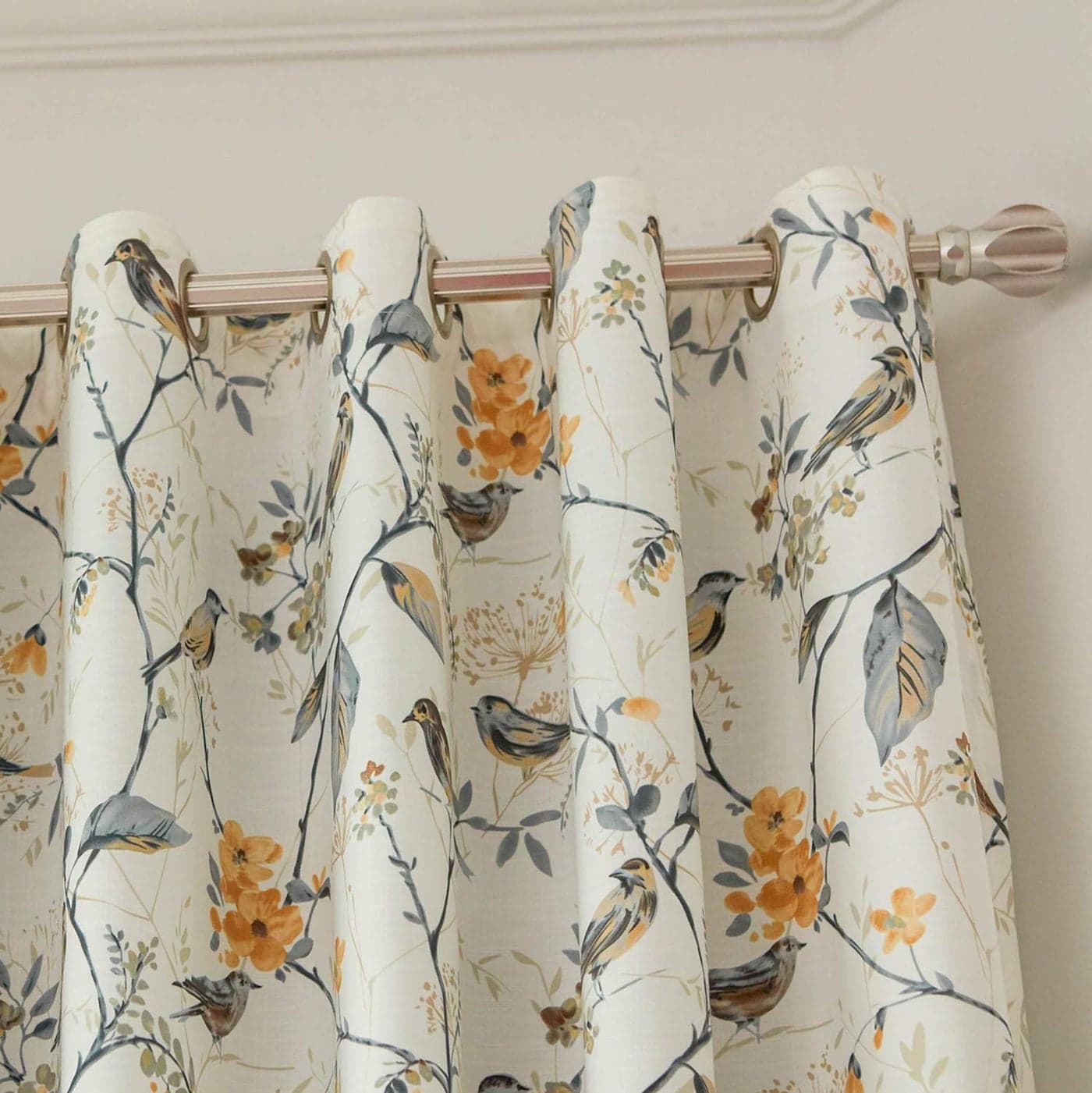 VOGOL Linen Grommet Curtains Birds and Flower Print Window Panels for Bedroom Living Room One Panel 52 x 63 Gray