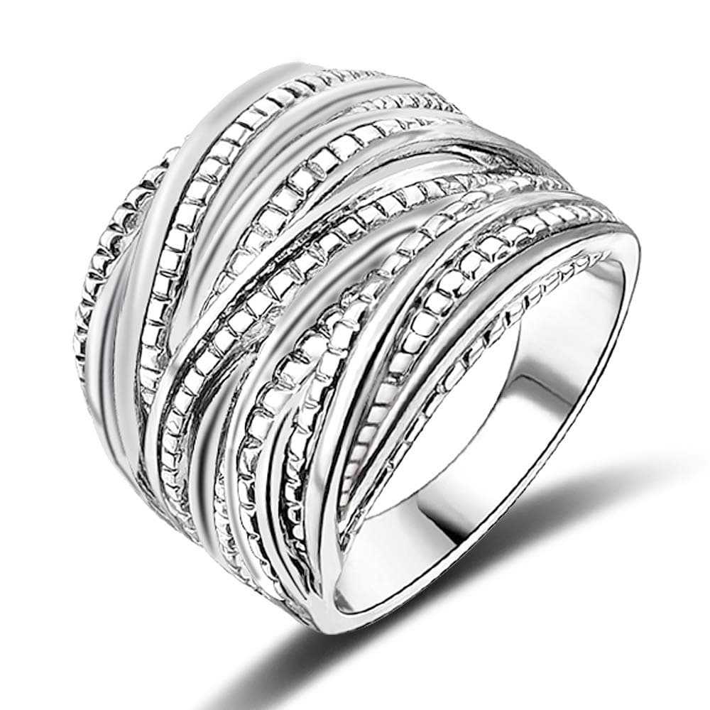 Mytys 2 Tone Intertwined Crossover Statement Ring Fashion Chunky Band Rings for Women Black Gold Silver Rose Gold Plated Wide Index Finger Rings Costume Jewelry (Silver Size 10)