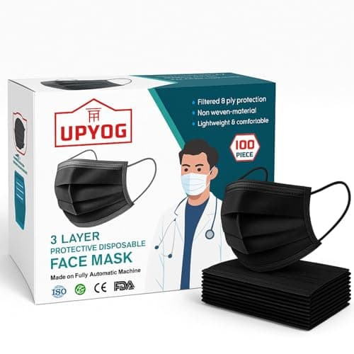 UPYOG 100 PCS 3-Ply Disposable Face Masks | Black Colour | Soft, Breathable & Comfortable | Skin-Friendly, Lightweight, and Easy to Wear Protective Masks