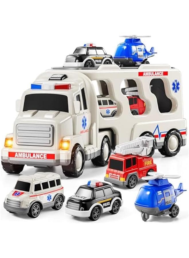 5-in 1 Play Ambulance Toy Vehicle Toddler Truck Toys for 3 4 5 6 7 Year Old Boys - Friction Powered Cars with Light and Sound, Police Car, Fire Truck, Ambulance Car, Birthday Gifts for Kids