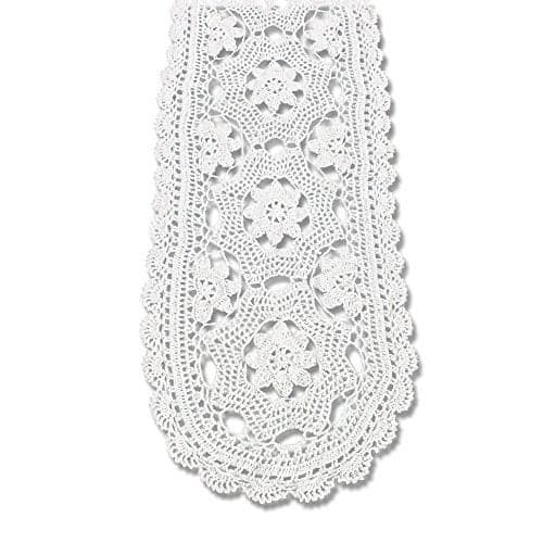 KEPSWET Cotton Floral Oval Handmade Crochet Lace Table Runner White (12x60 inch)